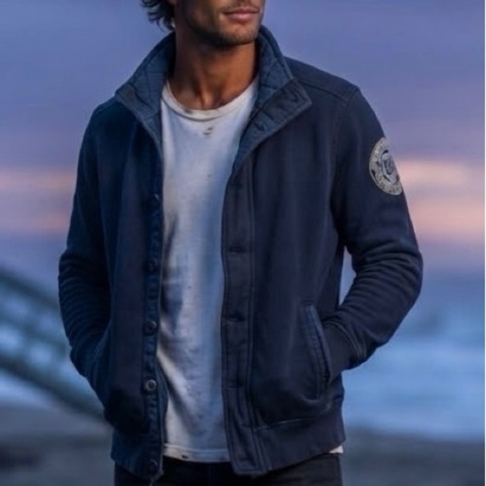 Hollister Vintage Y2K Navy Blue Button Front Jacket Surfboards Patch Mens XL